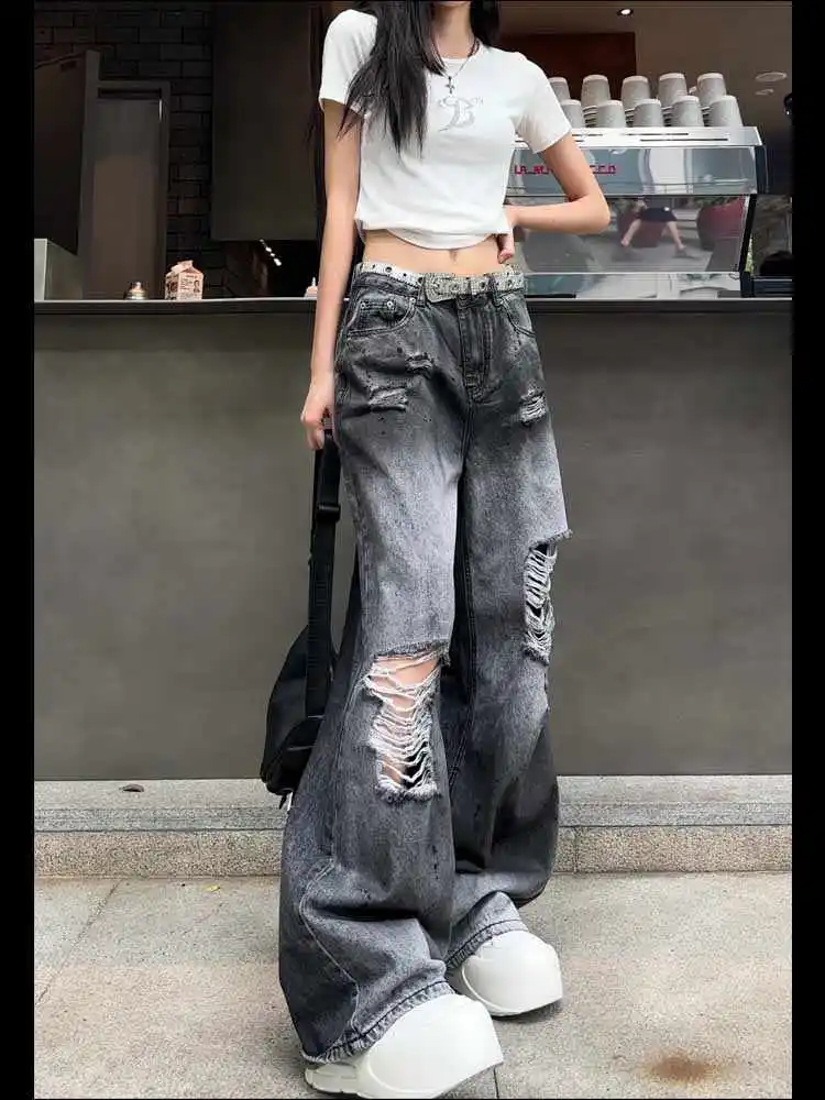 

2024 Blue Jeans Women American Style 90S Vintage High Waisted Jean Straight Trouser Streetwear Casual Loose Wide Leg Denim Pants