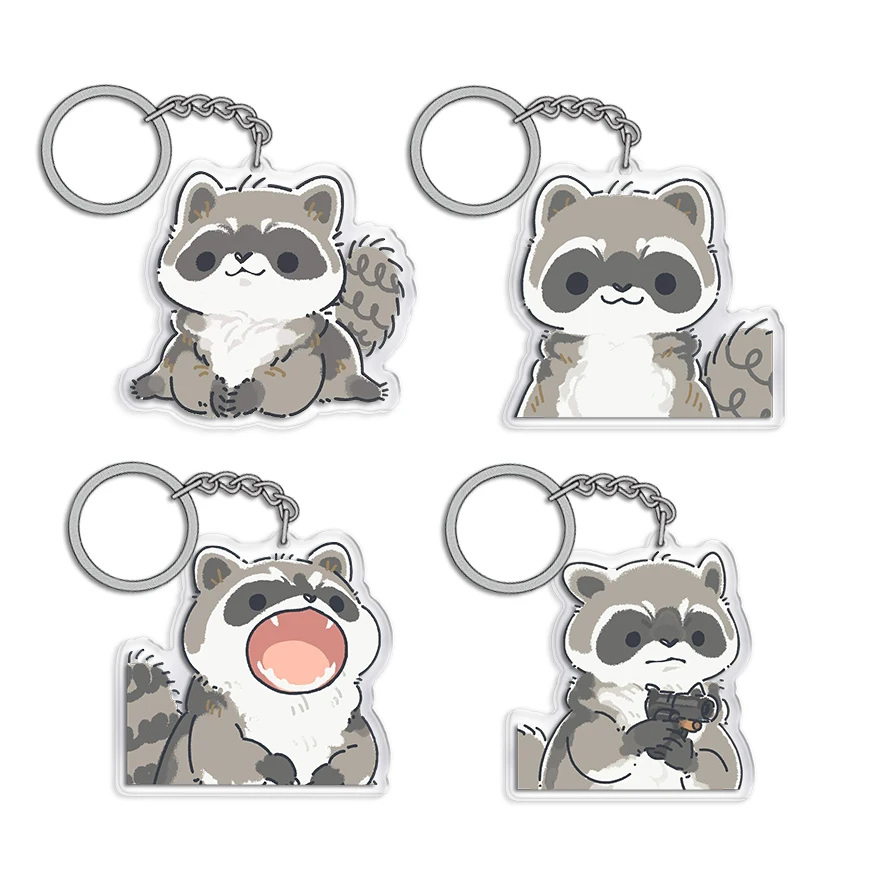 1PC Cute Raccoon Keychain Ring Cartoon Double Sided Transparent Acrylic Key Chain Animal Jewelry Accessory Gift for Women Men