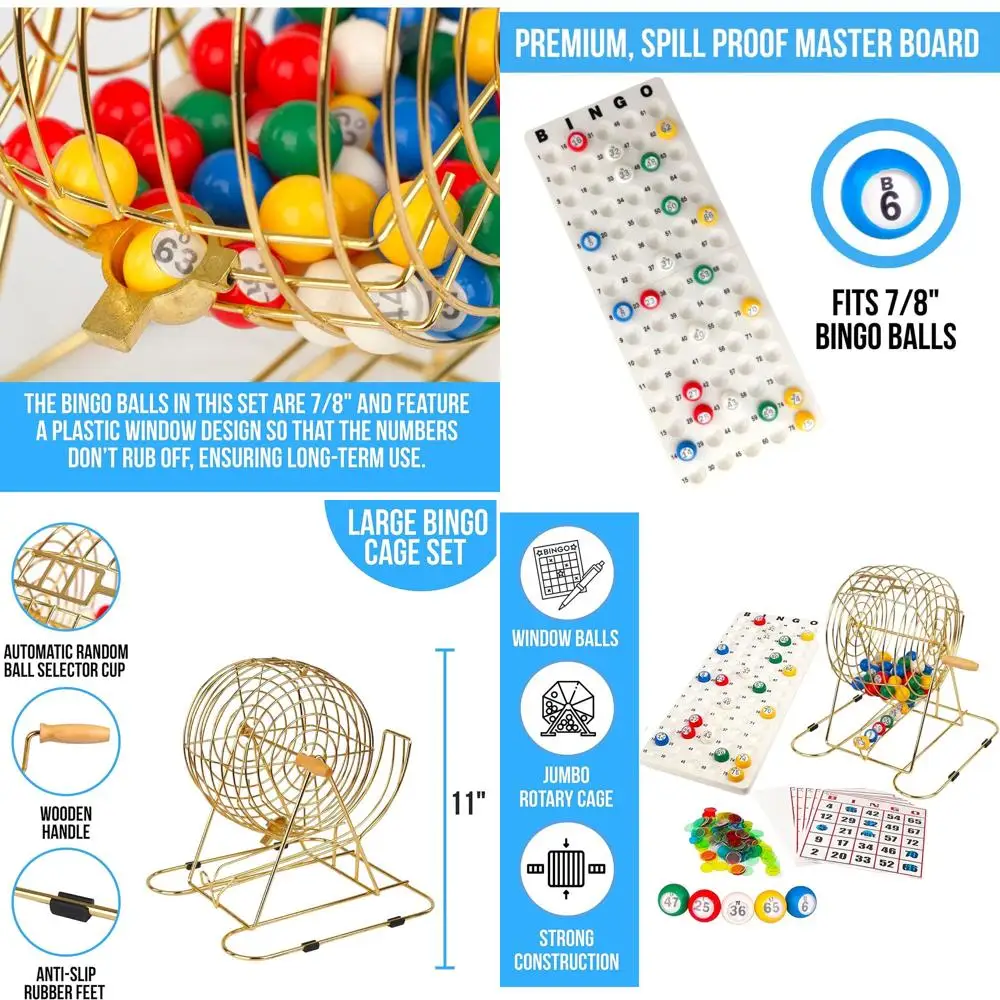 

Professional 75-Ball Bingo Set: 11 Cage, 18 Cards, 25 Reusable Cards, Master Board, and Chips - Large Group Adult Bingo Game in