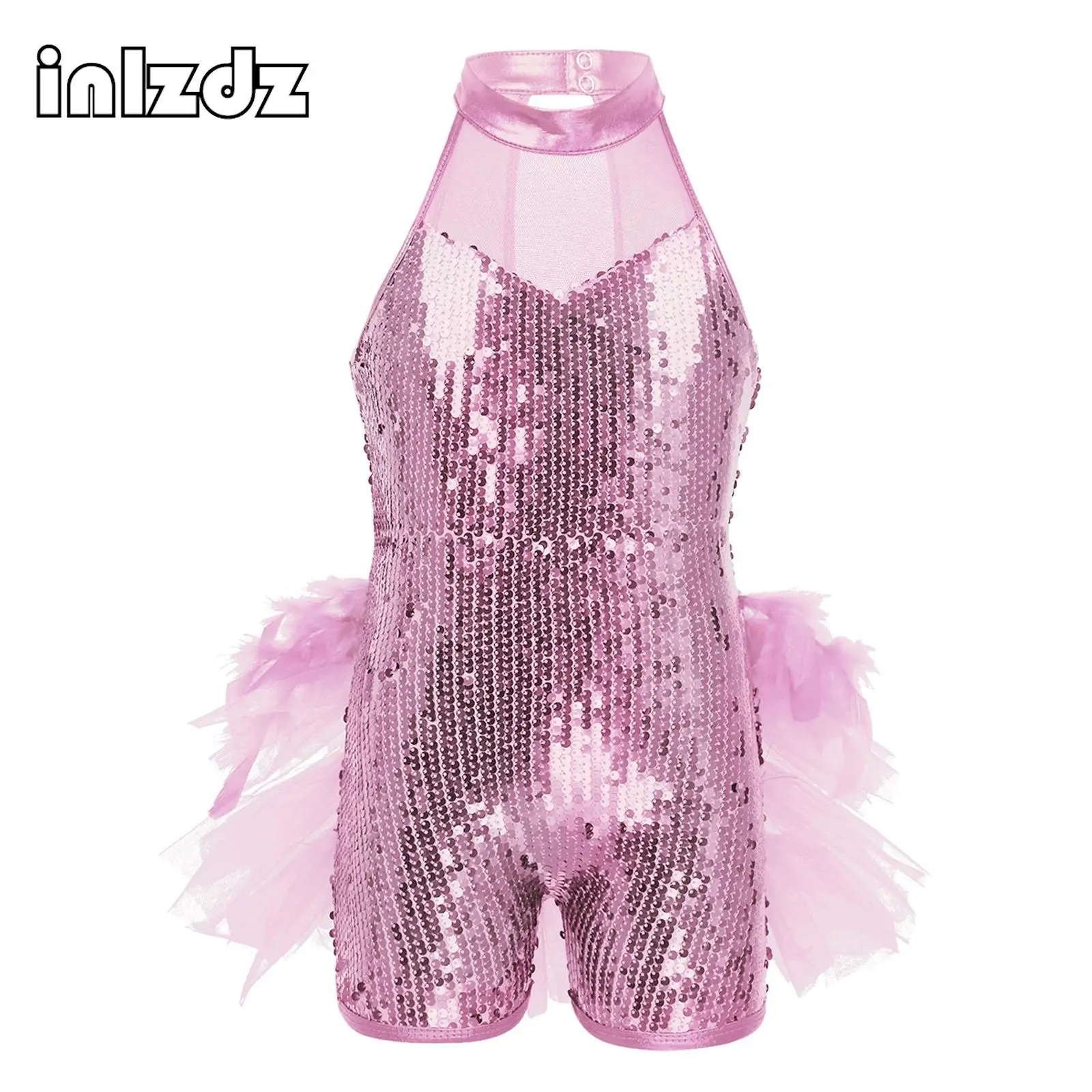 Kids Girls Sleeveless Sequins Latin Jazz Ballet Dance Costume Mock Neck Shorty Unitards Dancewear Performance Bodysuit Jumpsuit