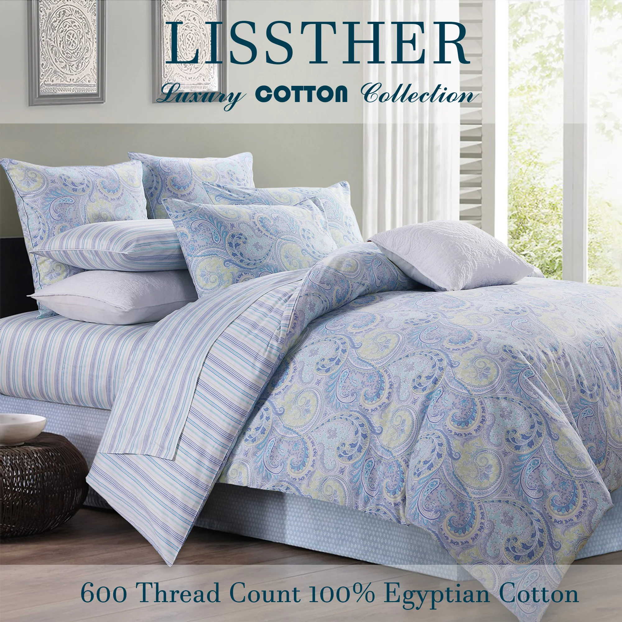 3pcs 600 TC 100% Egyptian Cotton Duvet Cover Set (Without Core), Vintage Classic Blue Damask Paisley, Soft & Skin-friendly