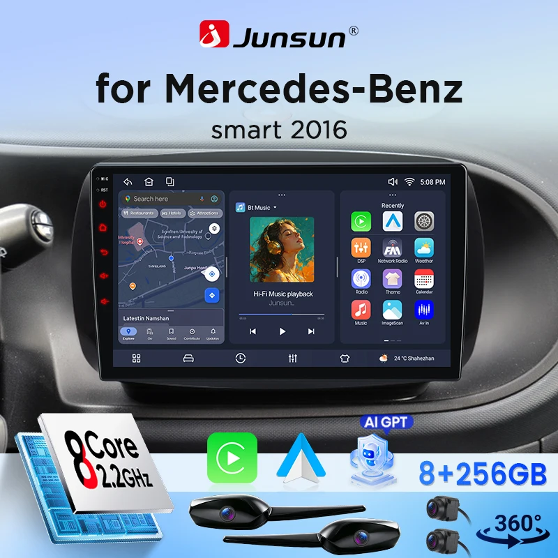 Autoradio Android Junsun pour Mercedes Benz Smart 453 Fortwo 2014-2020 9" IPS HD tactile, autoradio multimédia sans fil CarPlay Android Auto, systèmes intelligents GPS, navigation Bluetooth, SWC, Canbus, DSP, RDS, WiFi, lecteur multimédia, écran partagé, Mirrnk, USB, mains libres