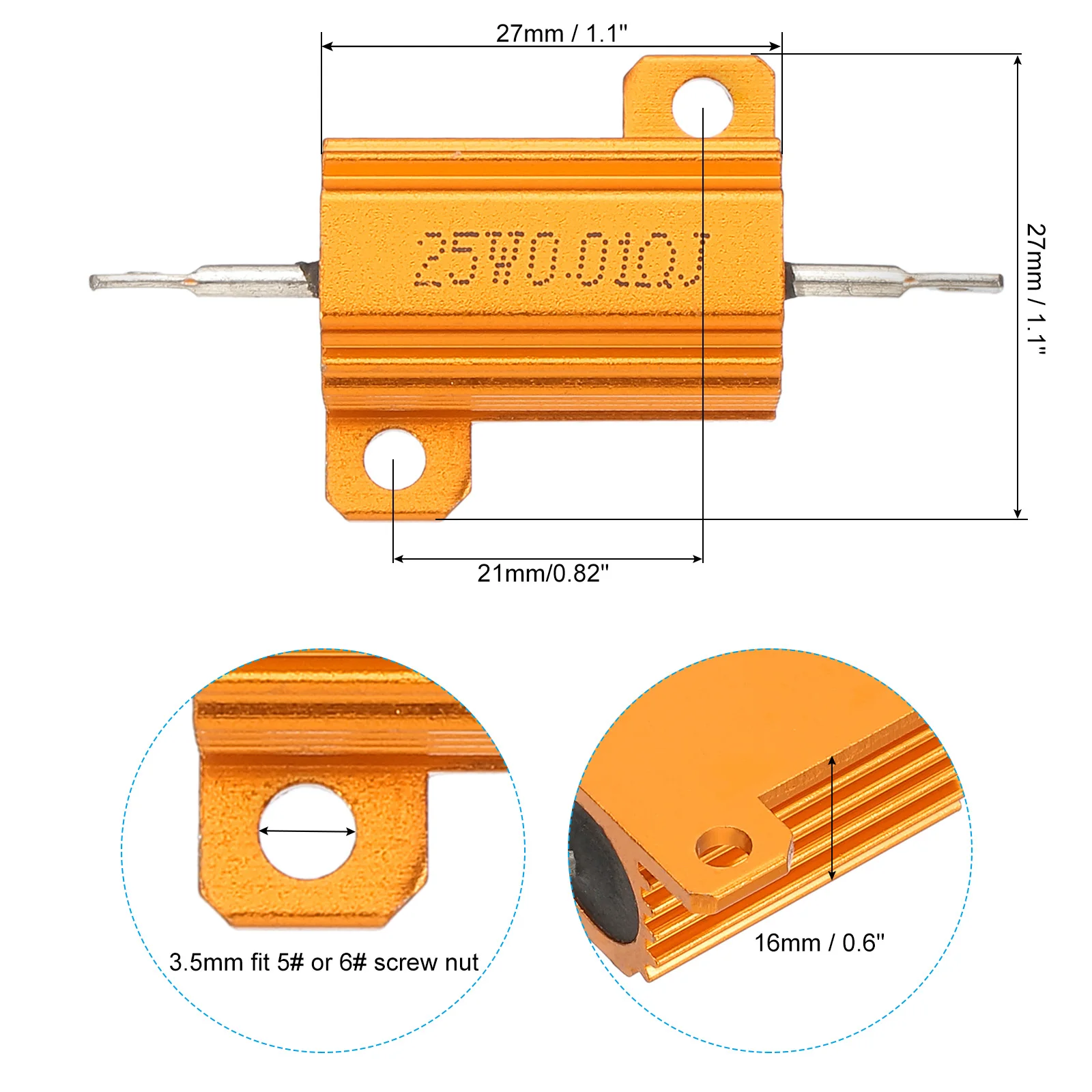 2Pcs 25W 0.01-1000 Ohm Aluminum Shell Resistor Aluminum Housing Resistor Housed Case Wirewound Resistor Screw Tap Power Resistor