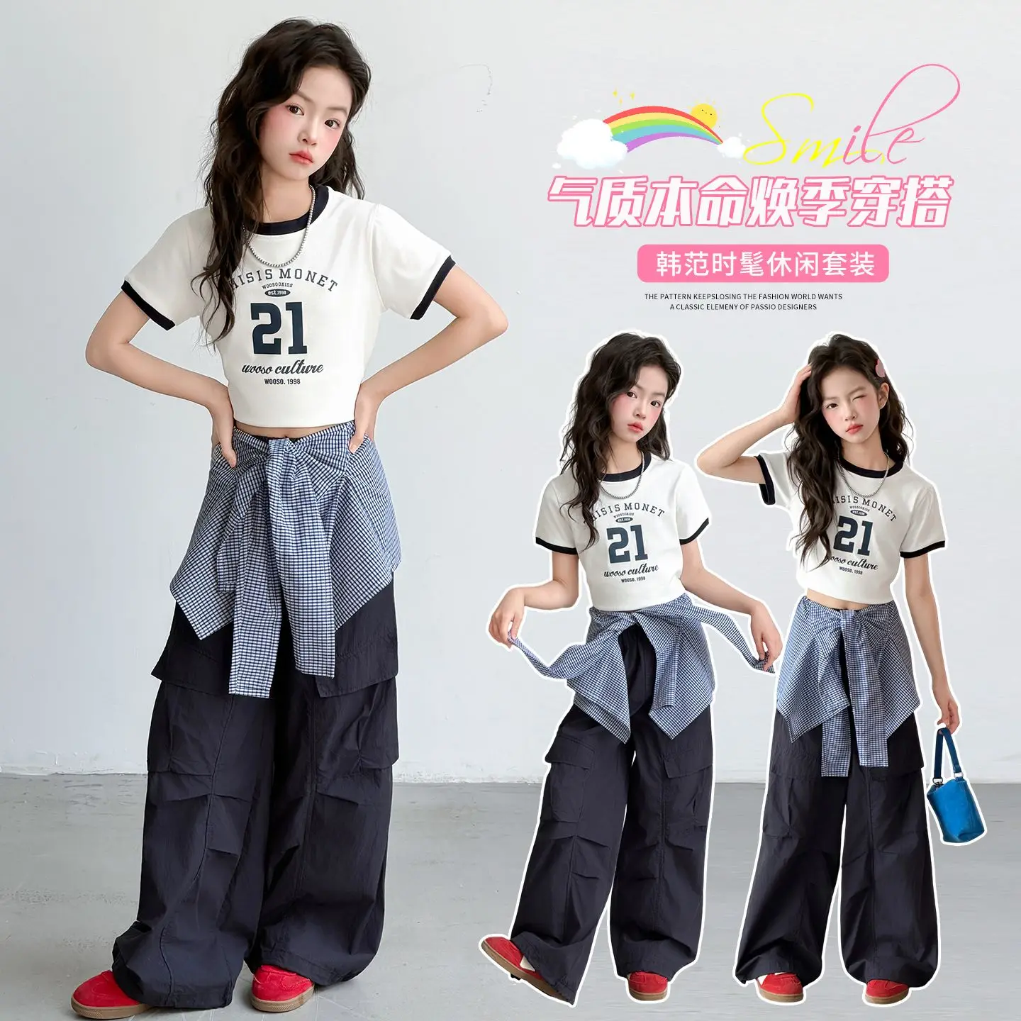 Kids Girls Trendy Summer Set, Ringer T-Shirt + Detachable Plaid Scarf + Wide Leg Cargo Pants, Breathable Comfortable Casual Wear