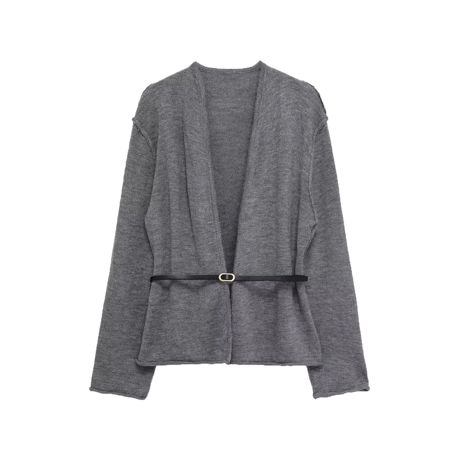 

Женский повседневный кардиган, осенний свободный модный кардиган с v-образным вырезом и поясом, однотонное шерстяное пальто, мягкий свитер с длинными рукавами