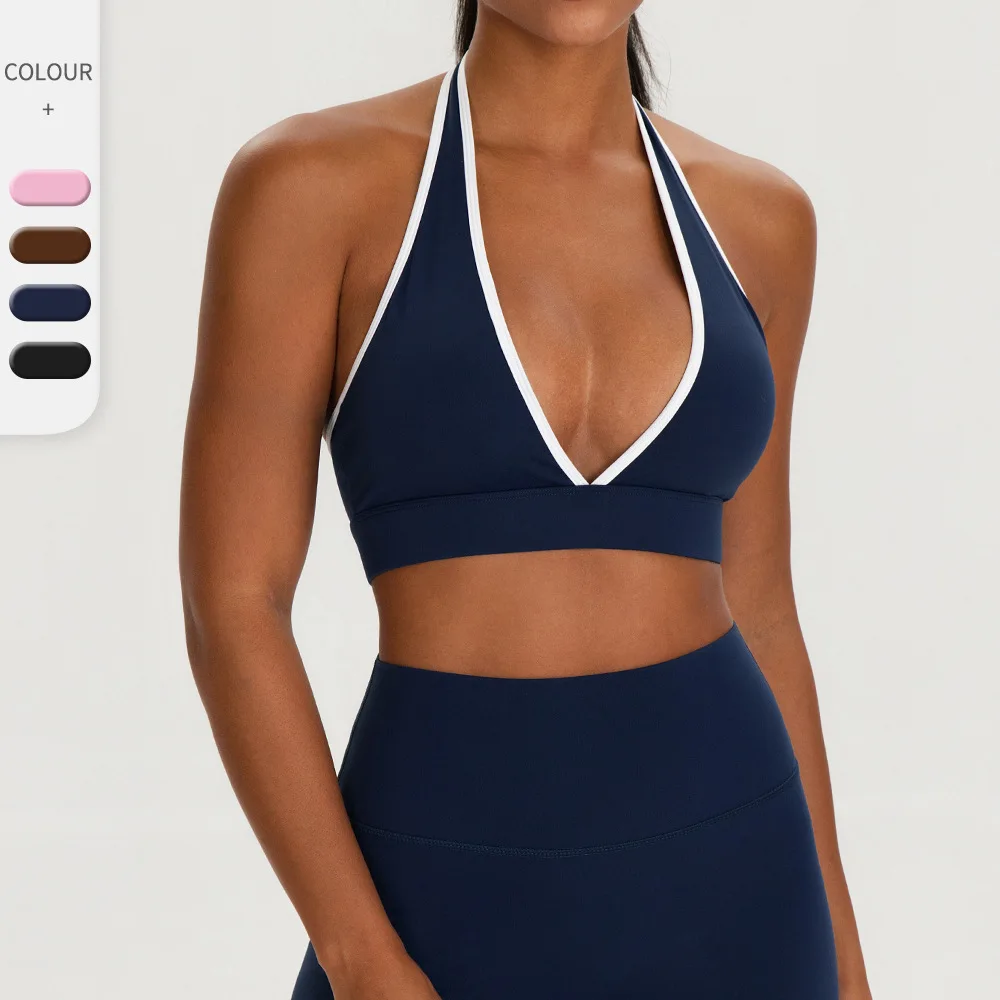 Woman Color blocking sexy deep V-neck sports bra quick drying double-sided brushed yoga bra fitness vest Bra with chest cushion