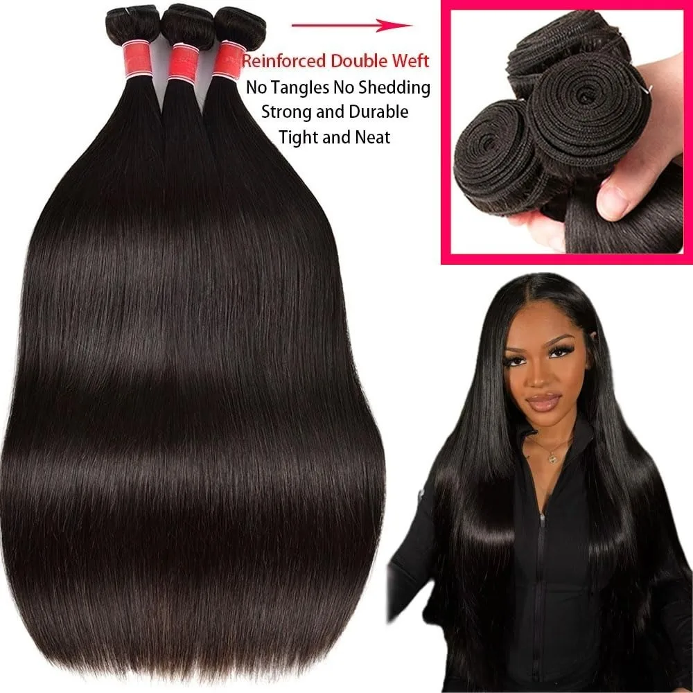Human Hair Bundles Straight 12-32Inch Unprocessed Brazilian Hair Weave 3 Bundles Silky Black Hair Extensions Raw Quick Weave image 3