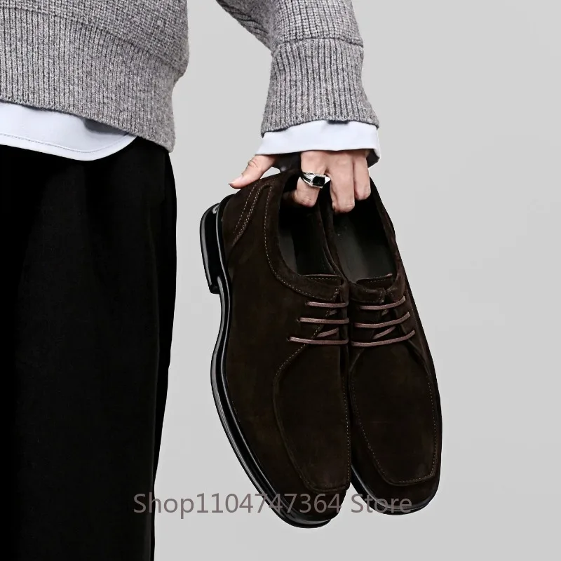 Retro Brown Cow Suede Lace Up Derby Shoes Men's Luxury Handmade Square Toe Formal Business Oxford Shoes Male Office Wedding