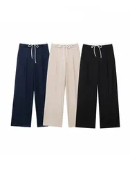 HH Women Vintage Solid Double Waistband Wide Leg Pants 2024 Zipper Drawstring Casual Trousers Female Streetwear Tied Trouser