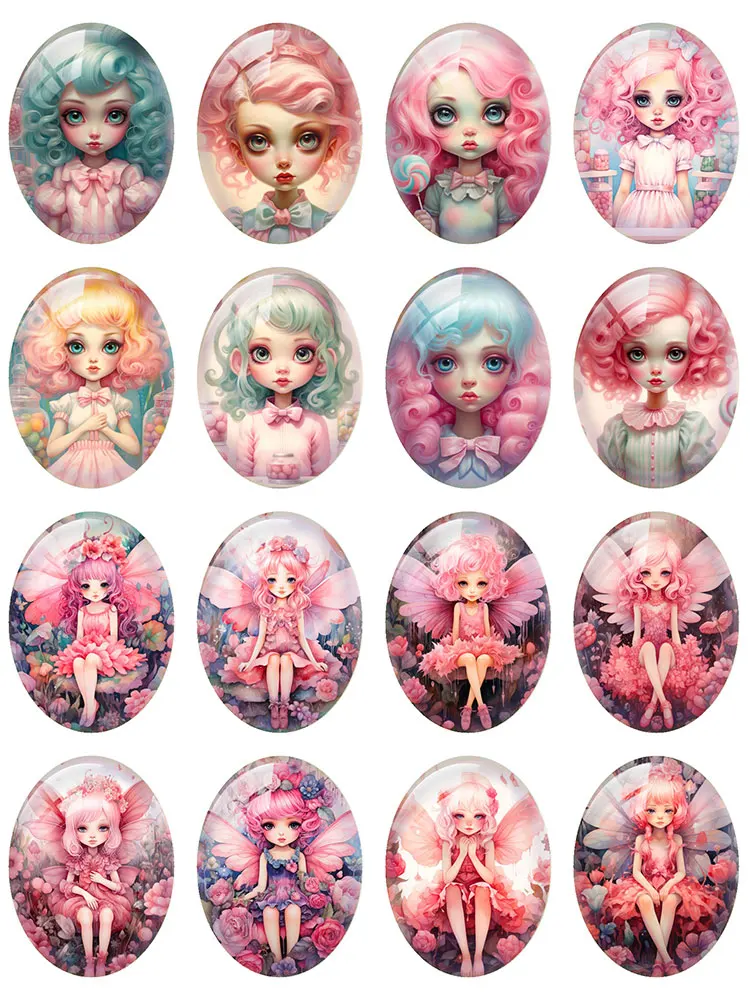 10pcs/lot Pink Flower Girl Fairy Wing Oval Photo Glass Cabochon Flatback Demo Flat Back Cameo For Diy Jewelry Making Supplies