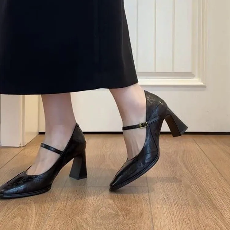 

2026 New Mary Jane Shoes High Quality Leather Shoes Shallow Square Toe Womens Sandals Buckle Strap Women's Pumps