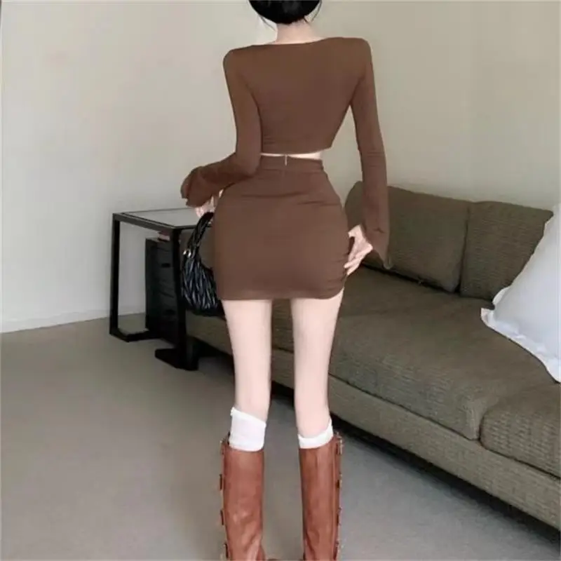 Autumn Sexy Two Pieces Skirt Set Women Y2k Long Sleeve Crop Top T-shirt + Skirt Fashion Aesthetic Streetwear Female Suit