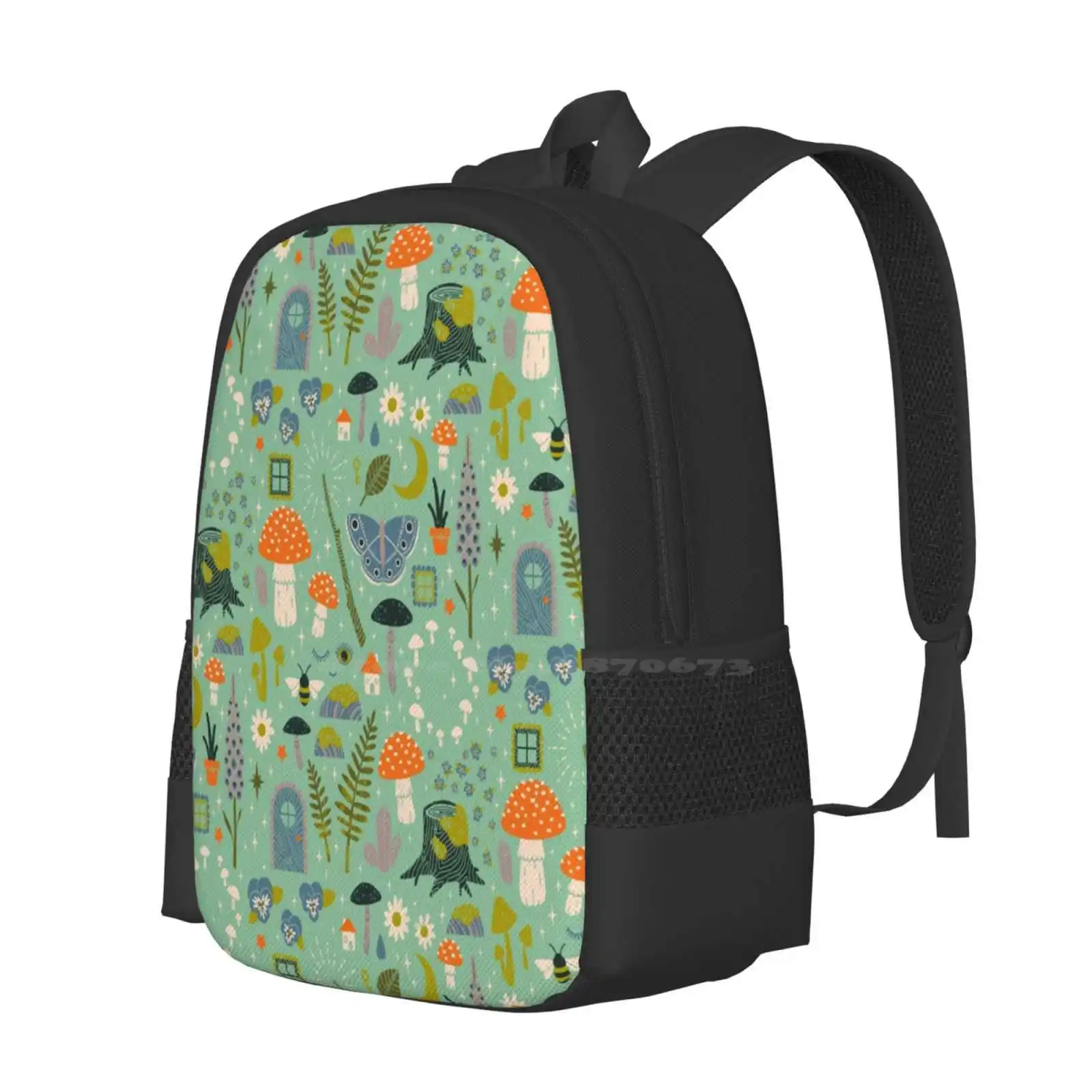 Fairy Garden Pattern Design Bagpack School Bags Pattern Mint Pastel Fairy Garden Nature Mushrooms Butterfly Bee Flowers Floral