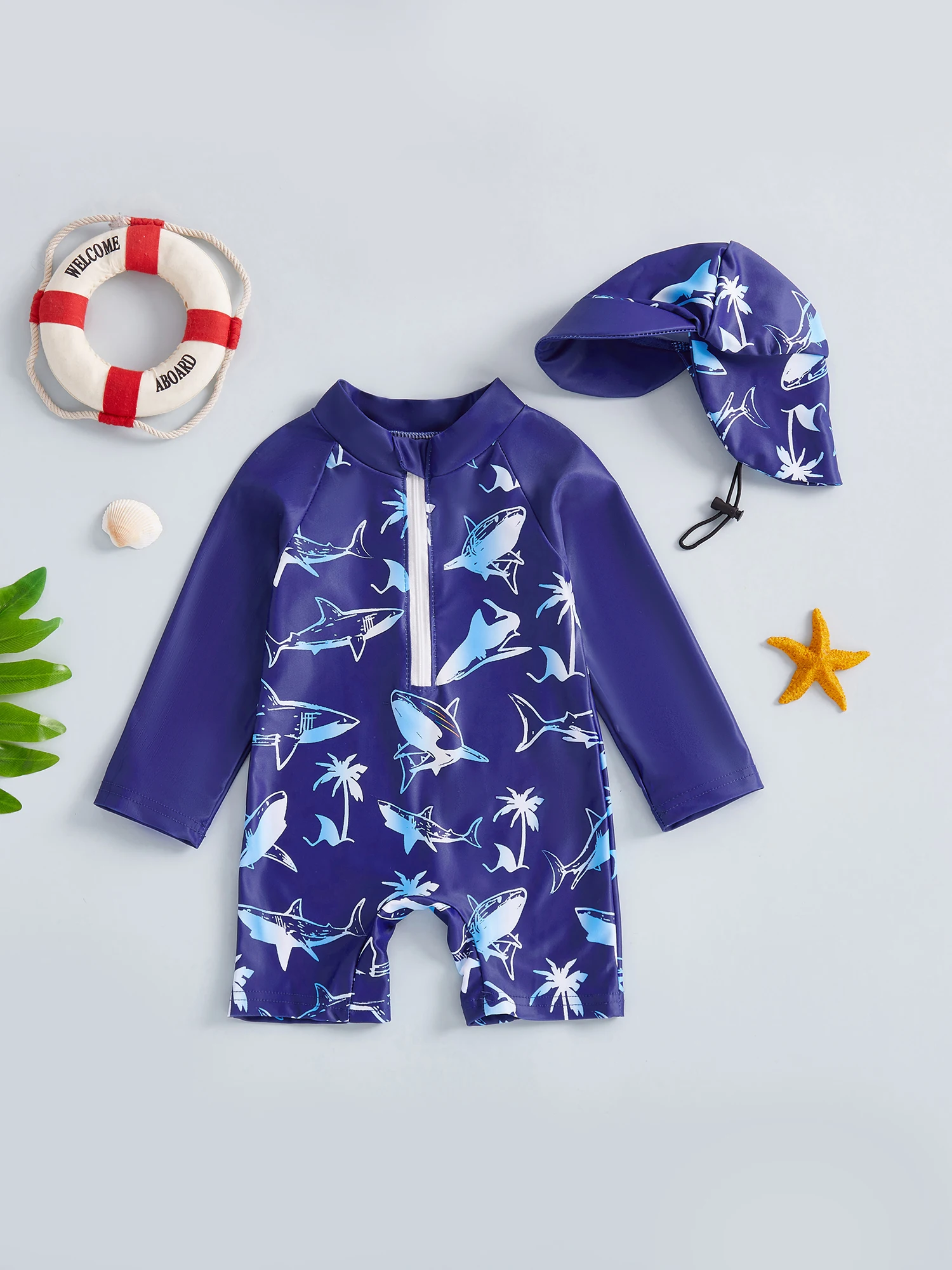 مجموعة ملابس سباحة رائعة للرضع مع تصميم ديناصور ممتع وسحاب كامل وقبعة شمس متطابقة للأولاد #3