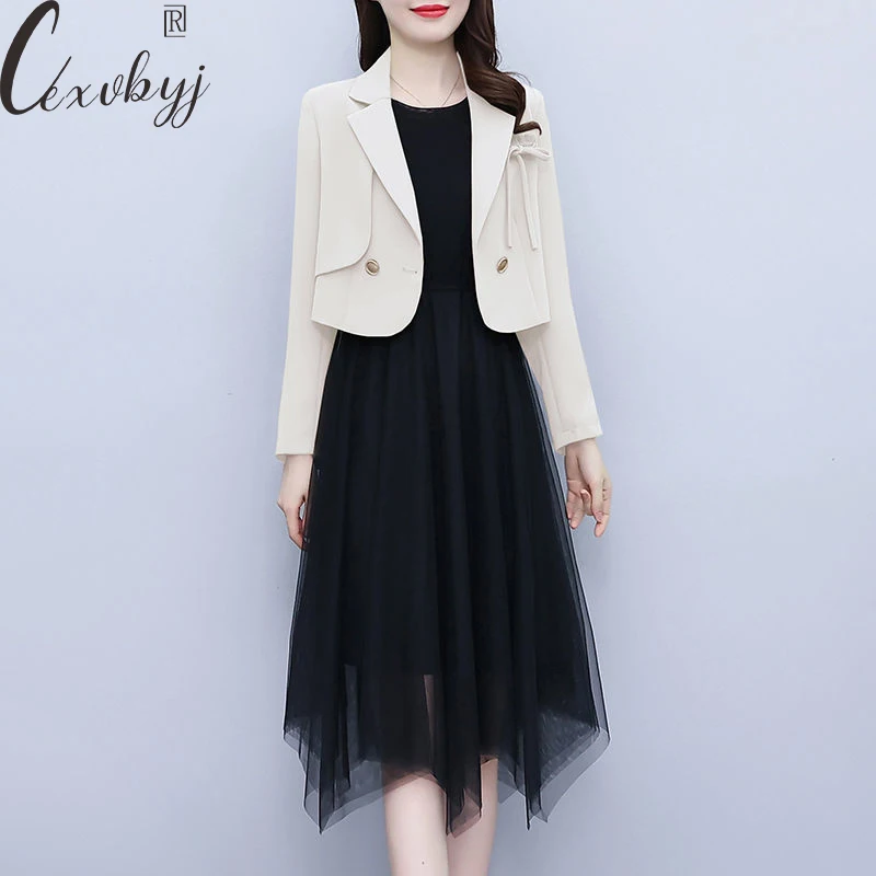 

Office Lady Blazer Dress Two Peice Set 2023 Spring Autumn Cropped Jacket+Round Neck A-Line Dress Outfits Elegant Korean Suits