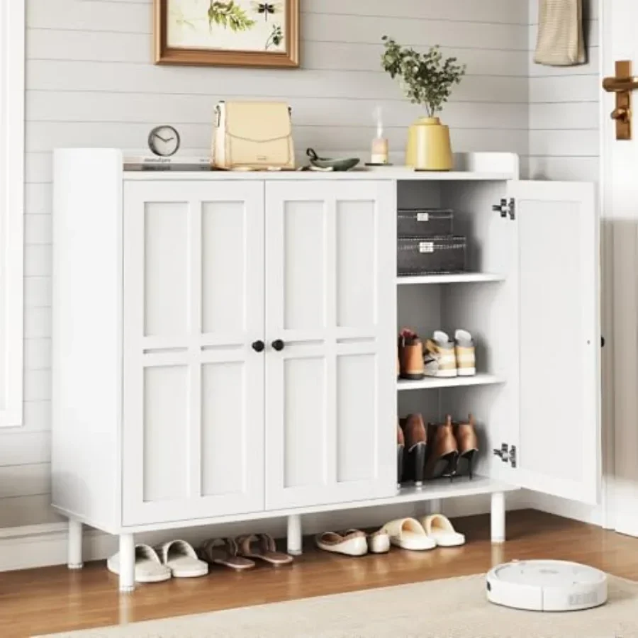 Entryway Shoe Cabinet with 3 Doors and Adjustable Shelves, Engineered Wood, Matte White, Space-saving Design with Soft-close Hi