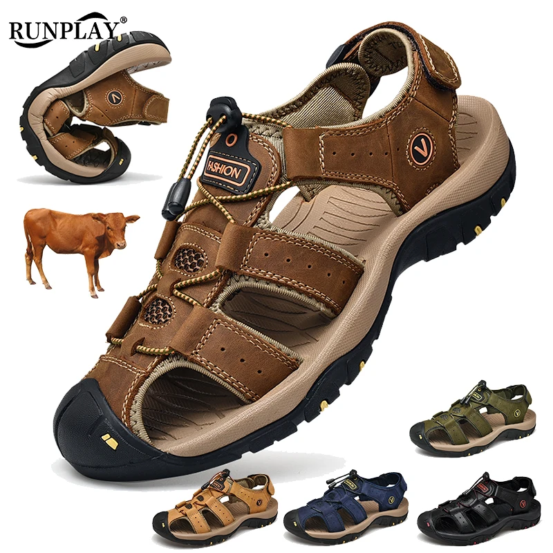 Leather Men Water Beach Sandals Summer Outdoor Casual Closed Toe Sports Sandals Non-slip Soft Hiking Wading Sneakers Size 38-48