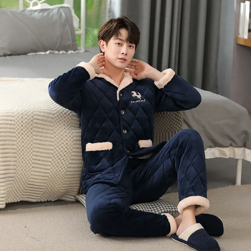 

2023 New Winter Men's Pajamas Three Layers of Cotton Thickened Plush Coral Velvet Warm Flannel Cotton Jacket Homewear Set