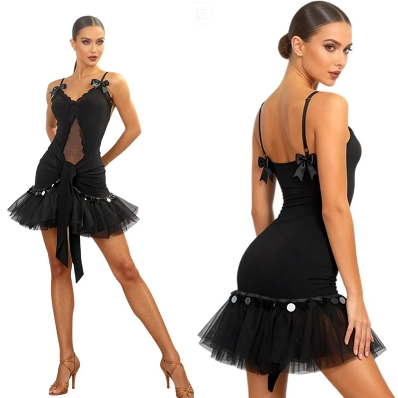 

Костюм для латиноамериканских танцев для взрослых, сексуальный костюм для чачи, женский черный латиноамериканский танцевальный комбинезон, кружевные юбки SL14960