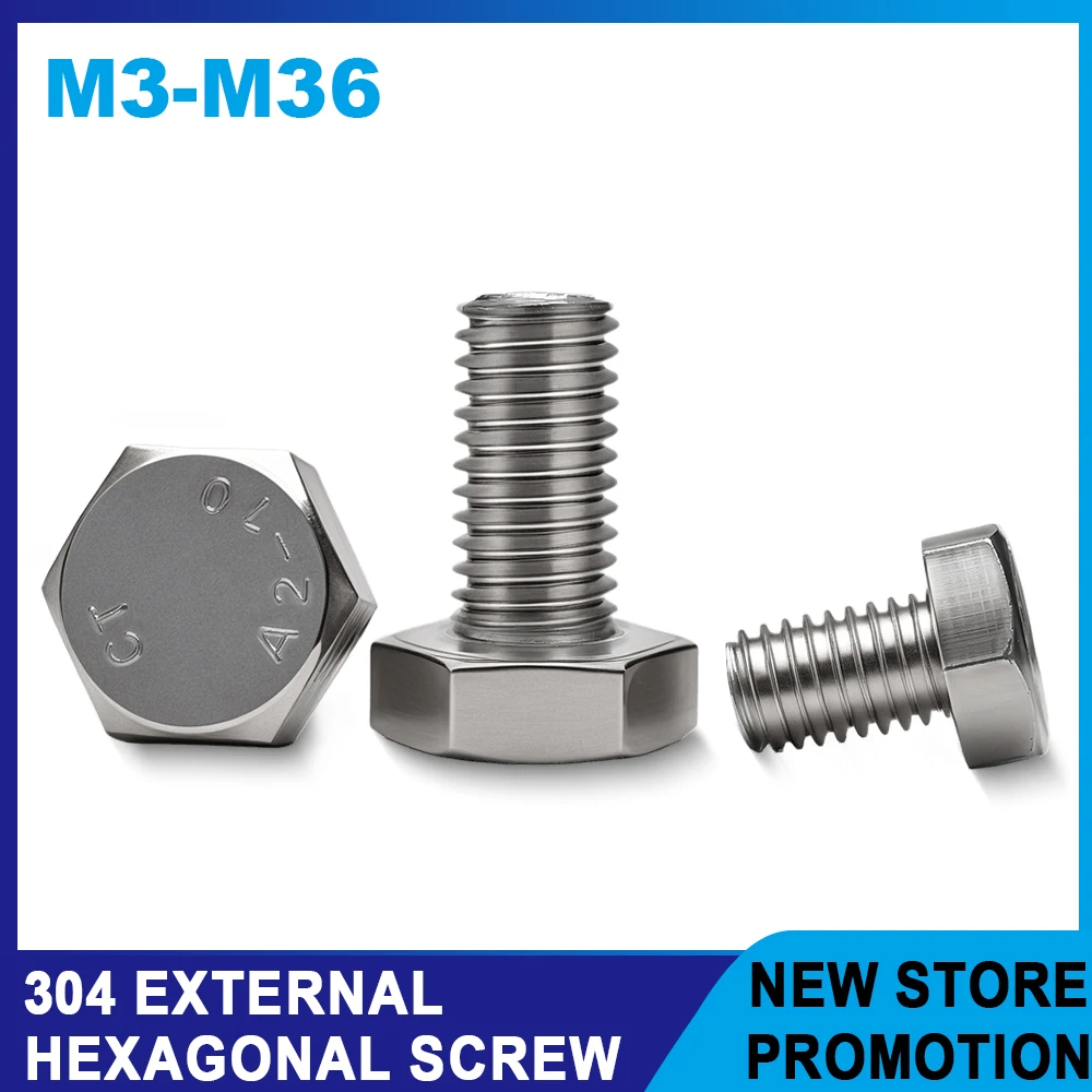 M3 M4 M5 M6 M8 M10 M12 External Hex Screw DIN933 304 Stainless Steel Metal Machine Screws Hexagonal Metric Thread DIY Fix Bolt