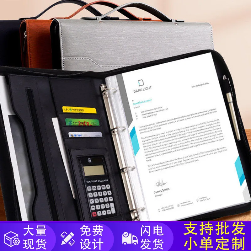 A4 PU Leather Zipper Portfolio Folder with 12 Digit Calculator and Notepad, Business Handheld Document Organizer Bag for Office