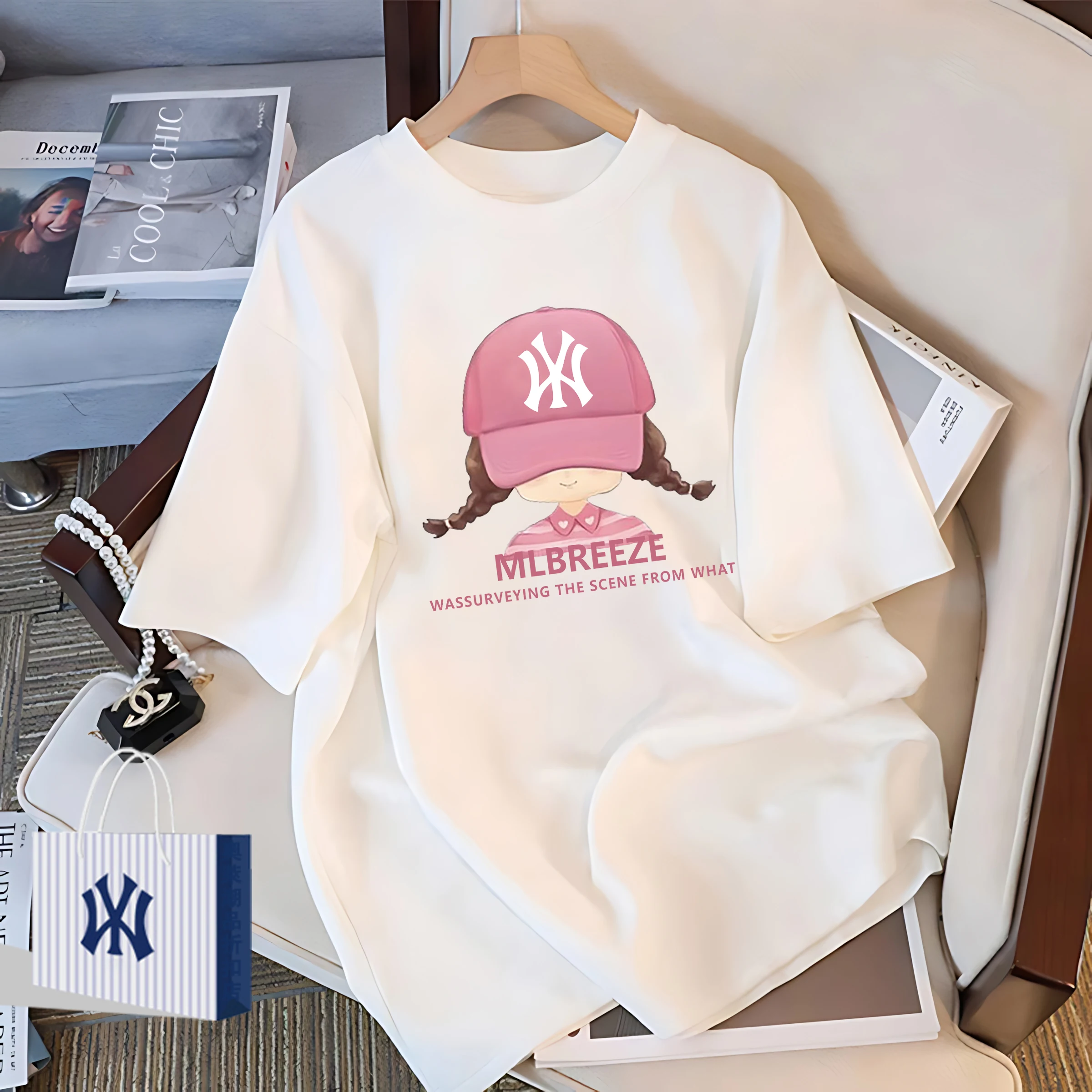 

Baseball League Hat Printing Fashion Trend Design Women's T-shirt Casual Sports Pure Cotton Breathable Sun Protection