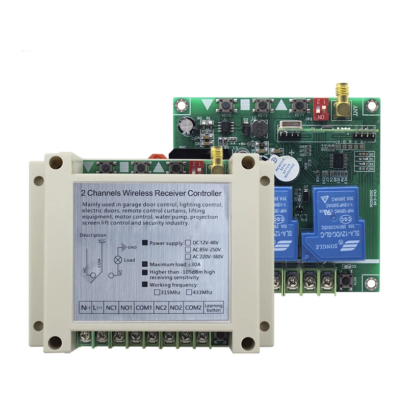 2 channels 433mhz AC12-48V DC220-380V wireless rf receiver 2 relays wireless outputs