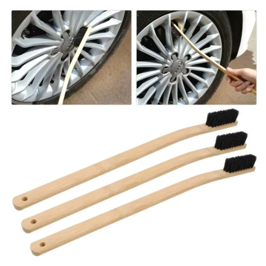 

3Pc Long Handle Car Rim Hub Multifunctional Bamboo Handle Cleaning Brush Tyre Brush Wheel Cleaning Brush