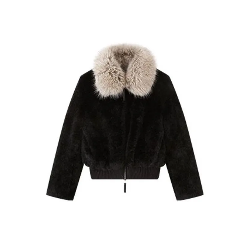 2026 New Women Cropped Faux Fur Jacket Fur Collar Zip Up Loose Solid Long Sleeve Thick Warm Coat Autumn Winter