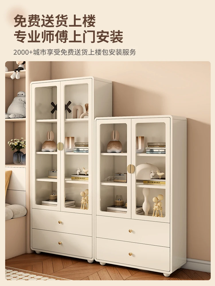 Solid wood children's floor-to-ceiling bookcase bedroom student home dust-proof glass door storage integrated door living room