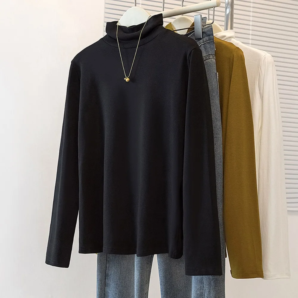

Женская базовая однотонная элегантная водолазка с длинными рукавами, свободные футболки, топ, французская осенне-зимняя повседневная одежда больших размеров