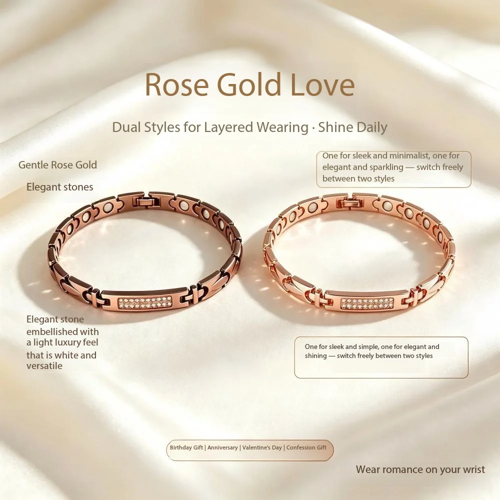 Rectangular micro-paved diamond fashion bracelet: vintage copper and rose gold two-tone couple bracelets