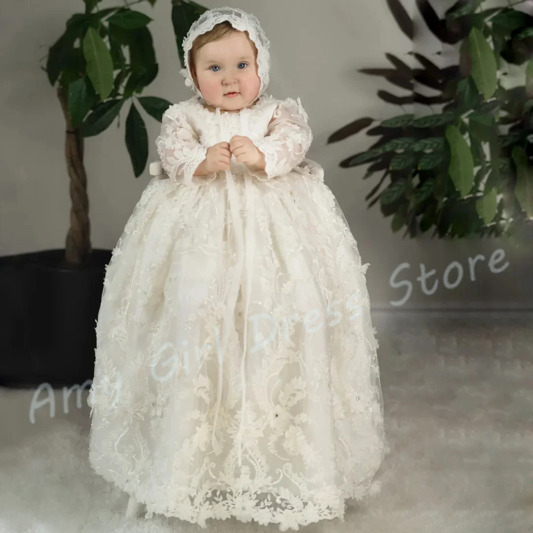 

Elegant Baby Baptism Gowns Ivory Appliques Full Sleeves Flower Girl Dress Quality Gorgeous Birthday First Communion Customized