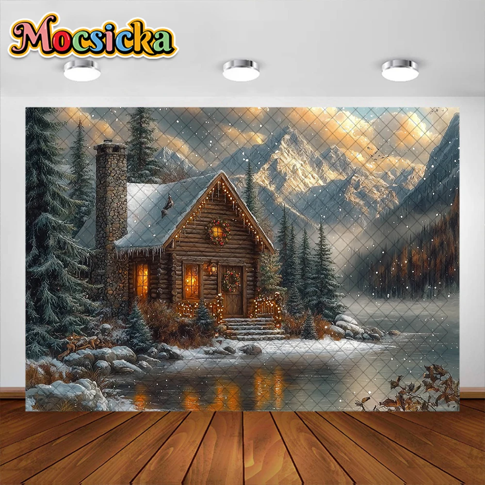 Fondo de fotografía de cabina de Navidad, suministros de decoración de río de montaña al aire libre, telón de fondo de vacaciones para adultos y niños, accesorios de estudio