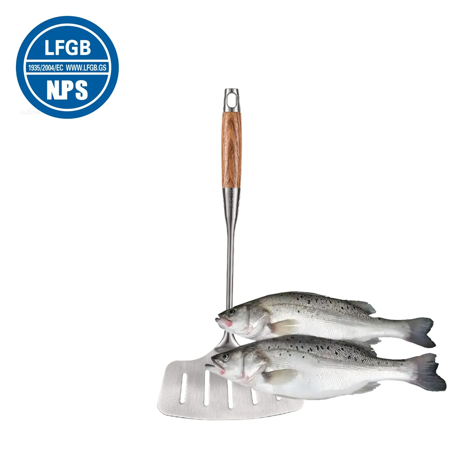 

LFGB Certification 304 Stainless Steel Fish Cooking Turner with Solid Wooden Handle Special Widen Head and Leakage Spatula