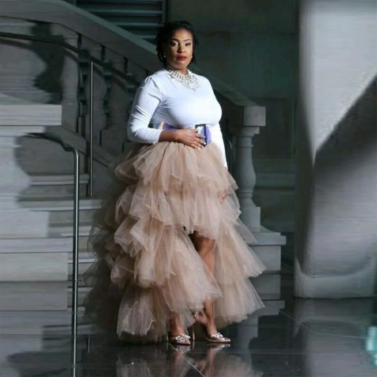 

Champagne Tulle Tiered Long Skirt Women Elastic Waist High Low Maxi Skirts Floor Length Puffy Tutu Skirt Custom Color Size