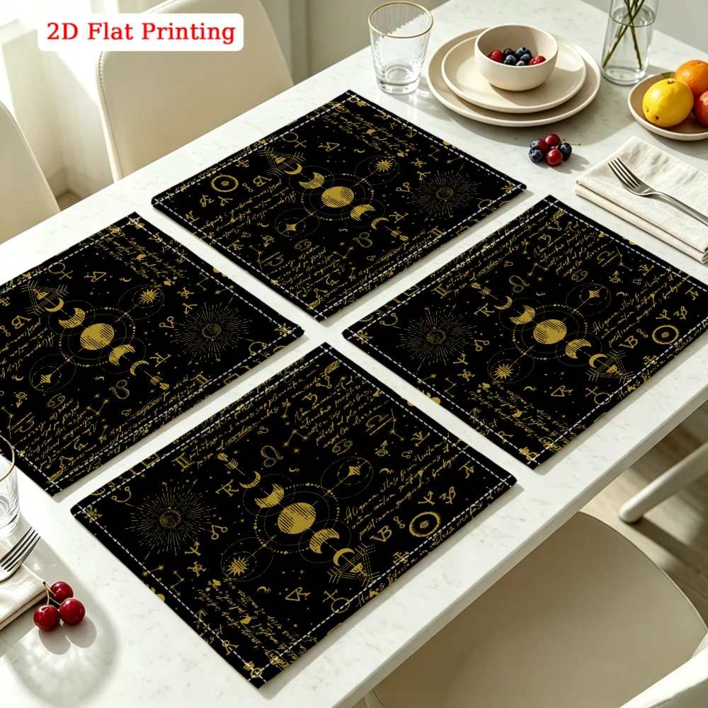 2Pcs Vintage Astrology Placemat Black Gold Zodiac Constellation Table Mat Kitchen Dining Decor Protection 30X40Cm