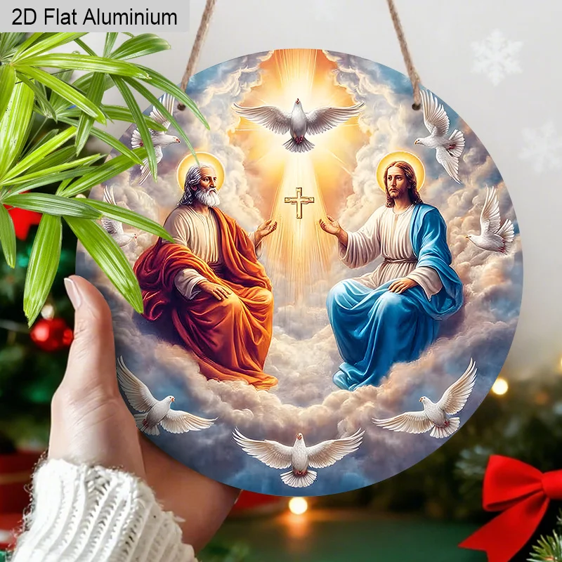 【Jit】2D Flat 1pc, [ Christianity ] Christmas Round Aluminum Sign, Printed with Pigeon Cross Pattern Design - Decorative Sign