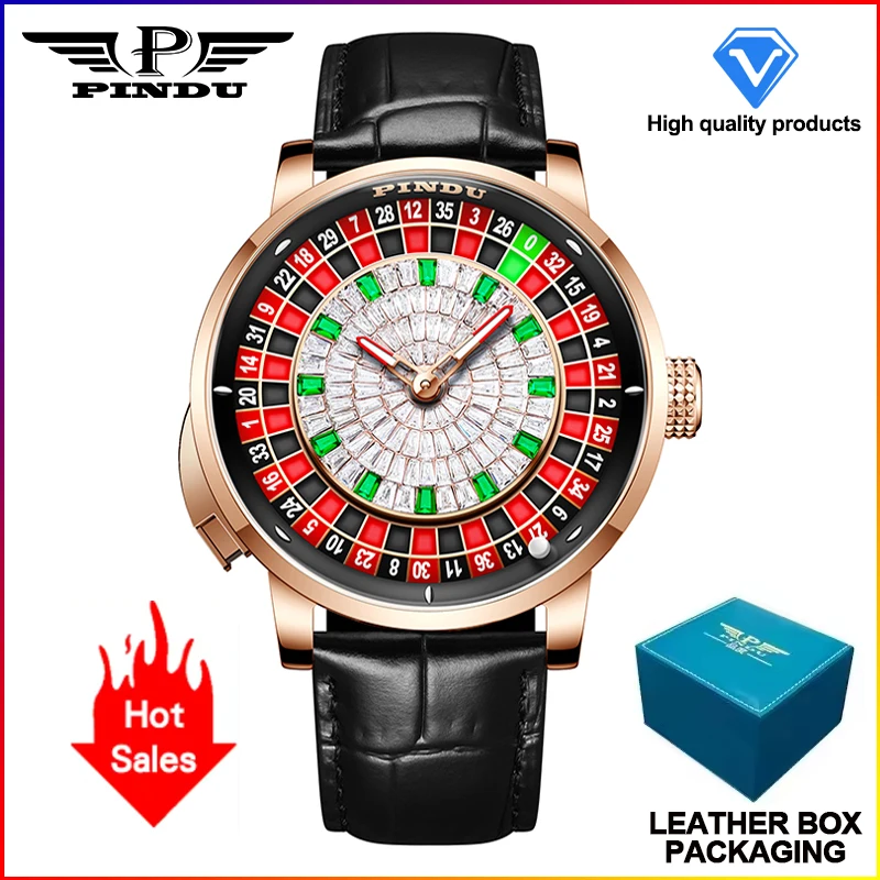PINDU Design Nieuwe Drukknop Draai Russische Roulette Spel 46MM Mechanisch Herenhorloge NH35A Saffierglas Diamant Wijzerplaat Herenhorloge