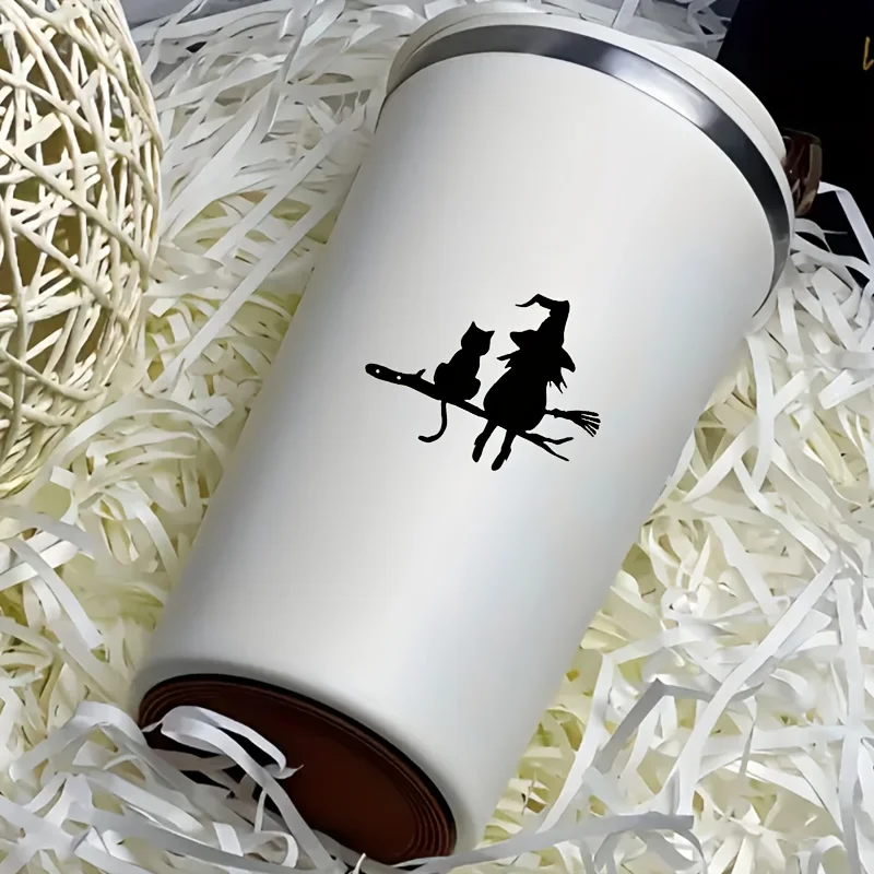 1pc Halloween Witch & Cat Vinyl Stickers, Waterproof Cute Decals for Car Windows Motorcycle Helmet Laptop Cup
