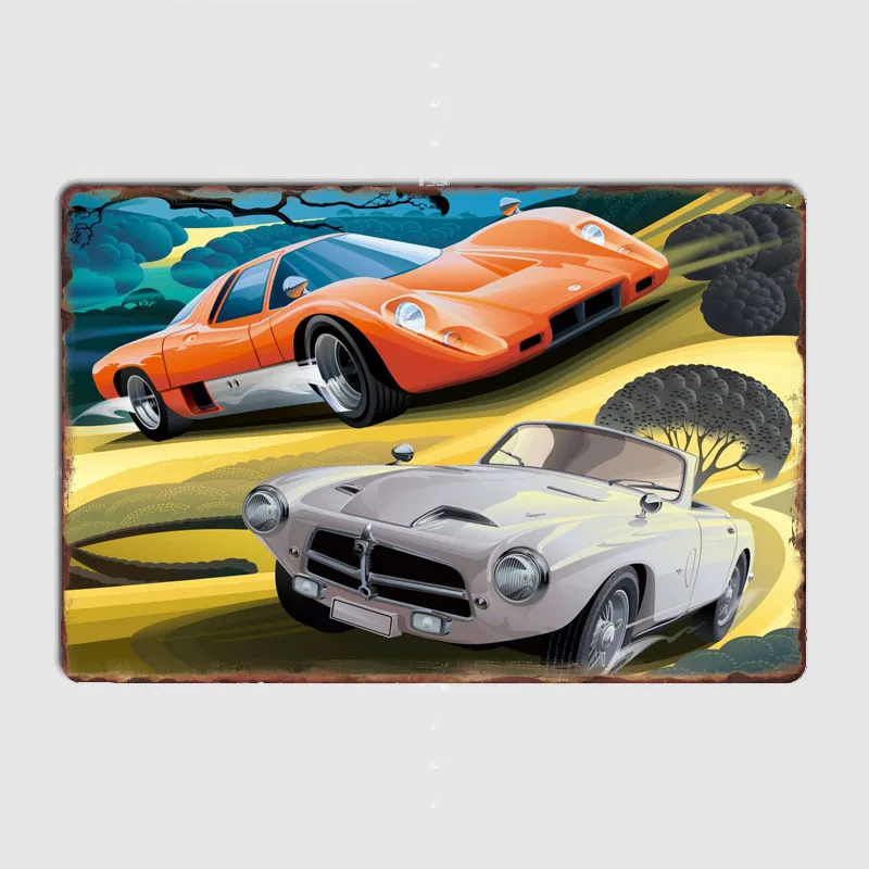 Classical drawing of Pegaso Z-102 and M6GT Poster Metal Custom Posters Sign Car Club Indoor Wall Room Decoration Home Decor