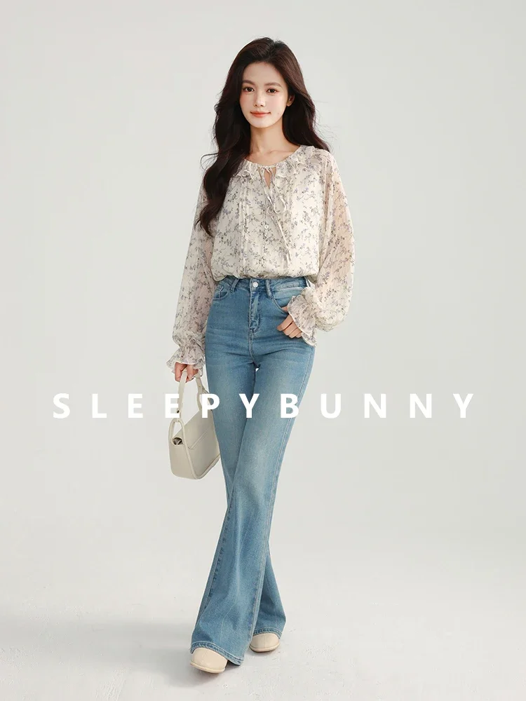 

2025 Spring Floral Long Sleeve Blouse Women French Style Ruffle Tie Neck Top Loose Fit Elegant Printed Shirt Soft Feminine Look