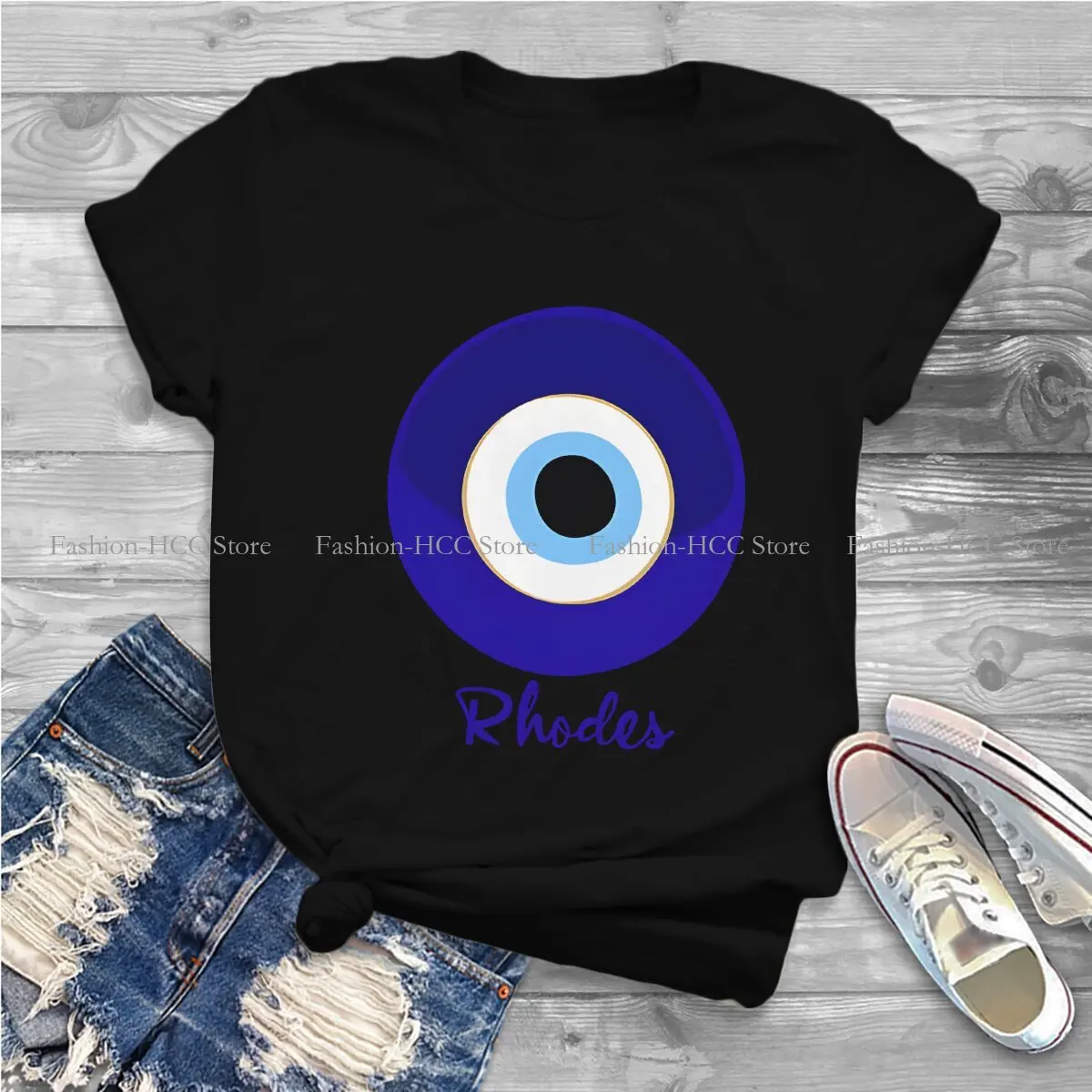 RHODES - GREECE, EVIL EYE, Mati Blue White. Graphic Polyester TShirt Evil Eyes Printing Streetwear Leisure T Shirt Women