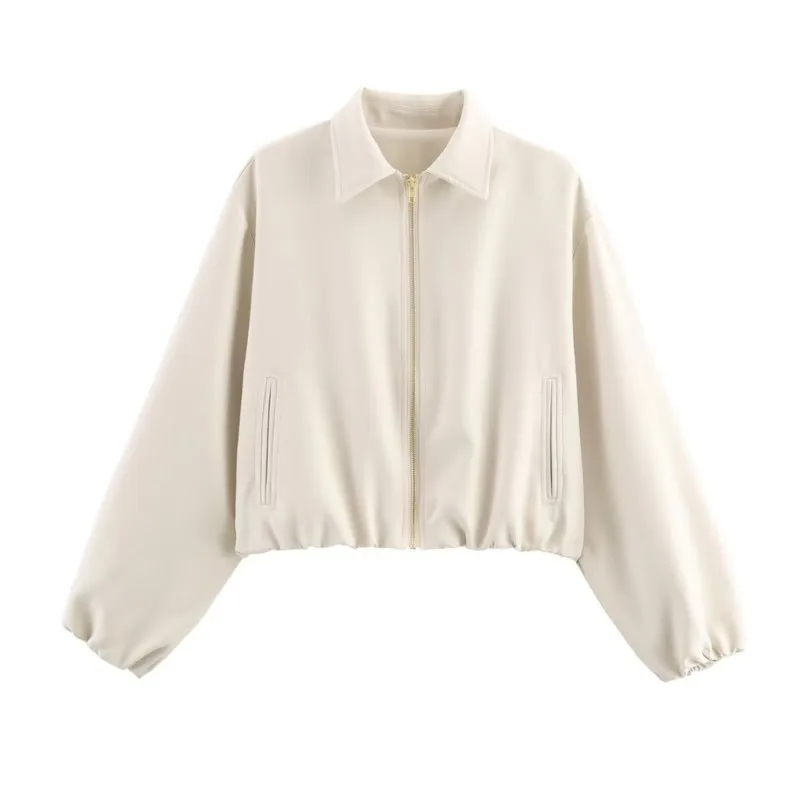 

Women Pleated Jacket with Zipper Autumn Long Sleeve Turn Down Collar Women's Coats Female Simple Tops