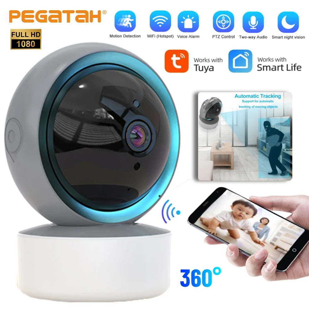 NEW Tuya 1080P WiFi IP Camera Baby Monitor 360° PTZ Motion Detect 2 Way Audio Night Vision Supports TCP/IP/ONVIF Protocol