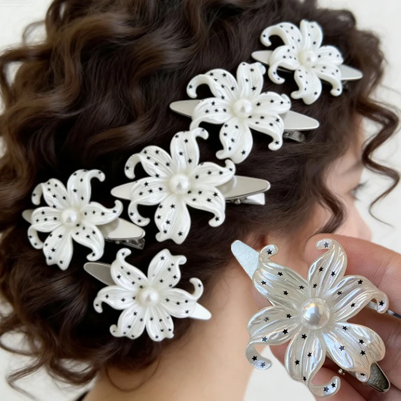 

Набор из 2 заколок для волос с жемчугом и лилиями, в стиле Харадзюку, винтажные, с цветами и звездами, милые боковые заколки, эстетичные аксессуары для волос для женщин и девушек, корейский стиль
