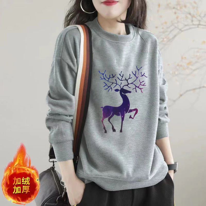 Women Clothing Autumn Winter Simple Casual Print All Match Sweatshirt Y2K Korean Long Sleeve Loose Fleece Warm Hoodies Sudaderas