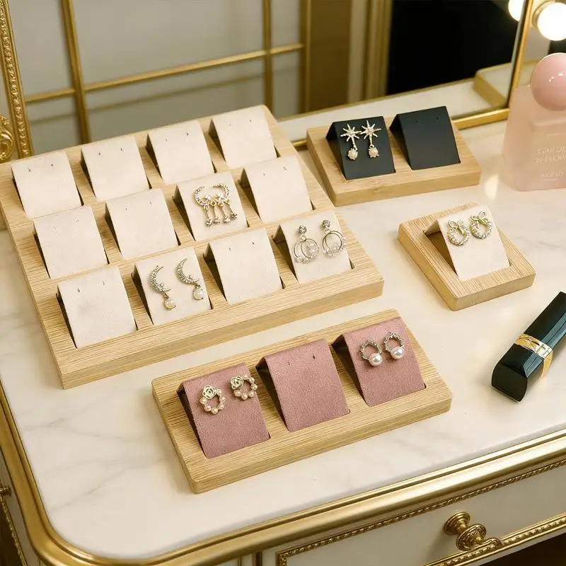 Bambusholz-Ohrringständer, DIY-Schmuckablage aus Samt und PU-Leder für Schaufenster- und Ladentheken-Präsentationen – Detail 4