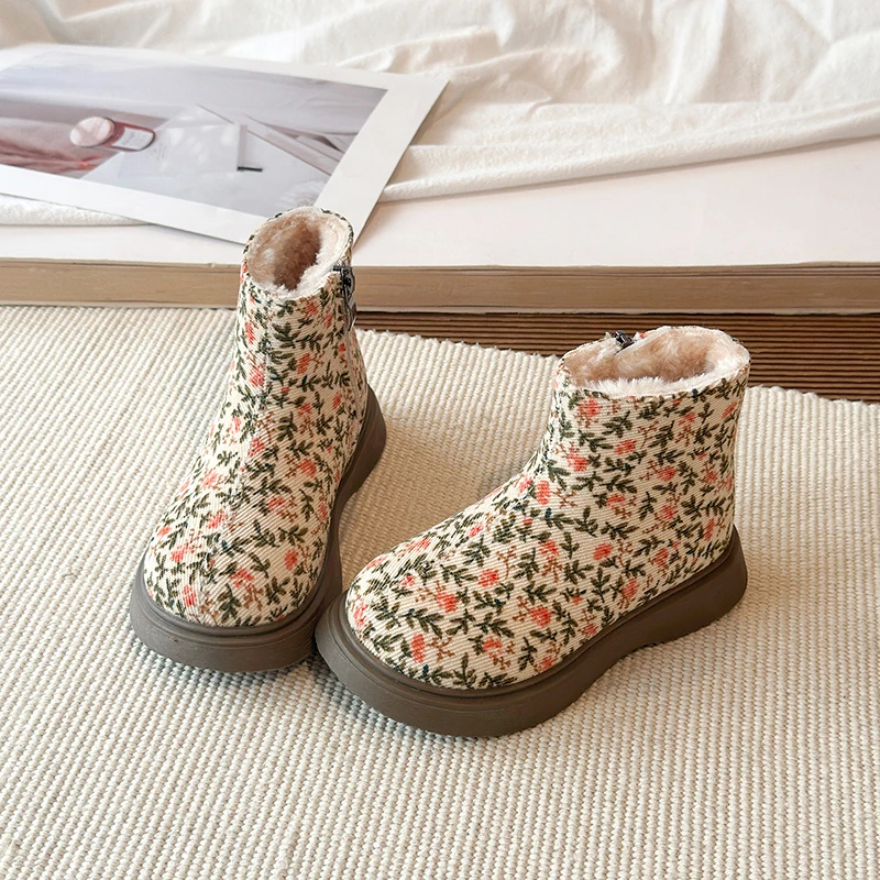 Little Girls Floral Corduroy Winter Boots, Plush‑Lined Inner Zipper Chunky Thick‑Sole Warm Casual Boots