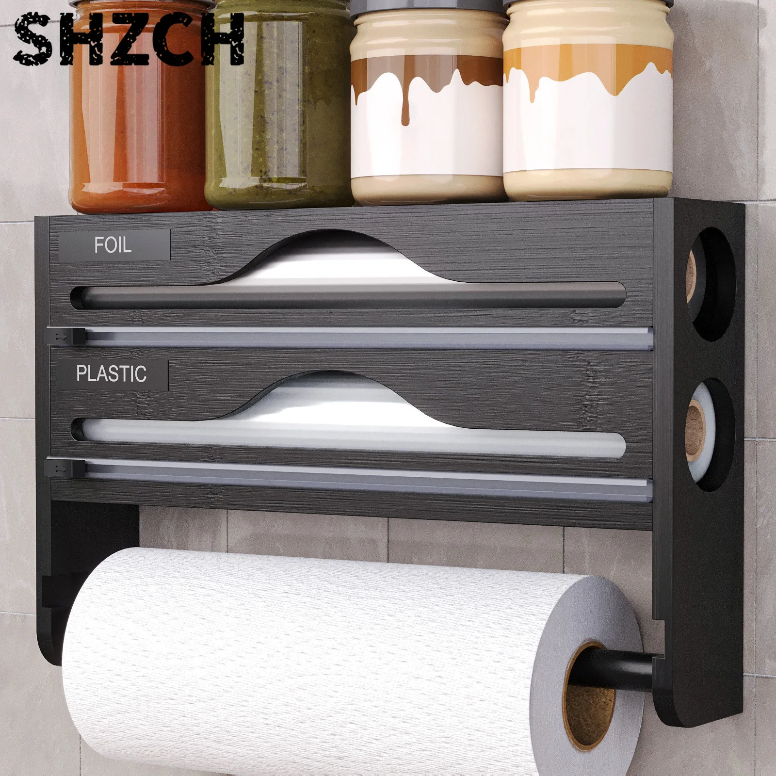 Bamboo Wrap Dispenser with Cutter, Aluminum Foil Organization Dispenser Holder for Kitchen Wall with Paper Rack 2-in-1 Shelf